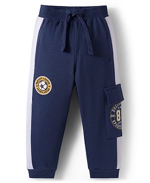Babyhug French Terry Knit Full Length Lounge Pant with Badge & Pocket - Navy Blue