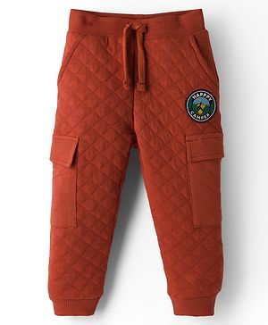 Babyhug French Terry Knit Full Length Lounge Pant with Badge & Pocket - Rust Orange