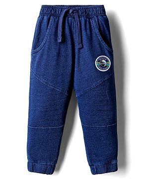 Babyhug French Terry Knit Full Length Lounge Pant with Cut & Sew Design & Space Print - Navy Blue