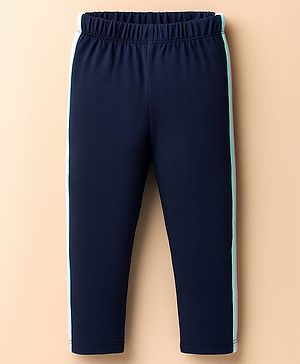 Babyhug Cotton Knit Full Length Leggings With Tape Design- Navy Blue