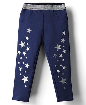 Babyhug Cotton Lycra Knit Full Length Jeggings With Foil Star Print & Stretch - Navy Blue