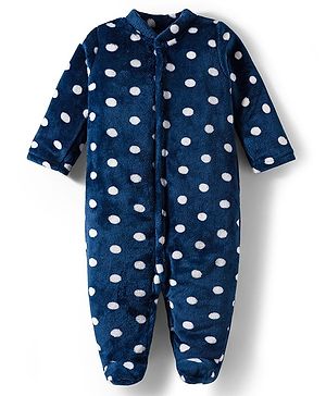 Babyhug Velour Knit Full Sleeves Footed Velour Winter Sleep Suit with Polka Dot Print - Navy Blue