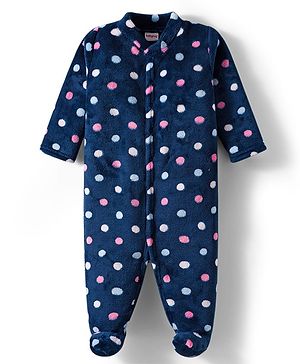 Babyhug Velour Knit Full Sleeves Footed Velour Winter Sleep Suit with Polka Dot Print - Navy Blue