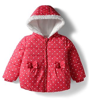 Babyhug Woven Full Sleeves Hooded Padded Jacket With Polka Dot Print & Bow Applique - Red