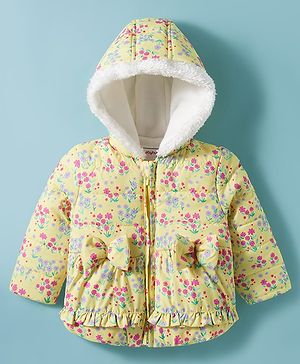 Babyhug Woven Full Sleeves Padded Hooded Jacket with Floral Print Bow Applique & Fur Design - Yellow