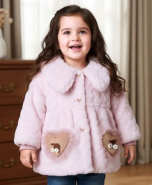 Babyhug Fur Woven Full Sleeves Winter Jacket With Heart & Floral Applique - Pink