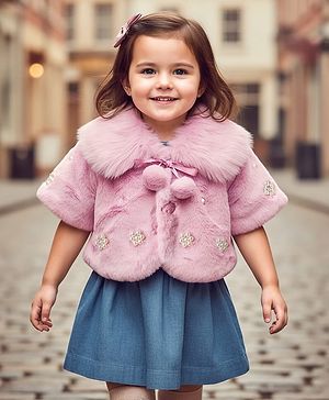 Babyhug Fur Woven Full Sleeves Jacket with Pearl Floral Applique - Pink