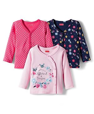 Babyhug 100% Cotton Knit Full Sleeves Front Open Vest with Polka Dots & Floral Print Pack of 3 - Dark Pink & Navy Blue