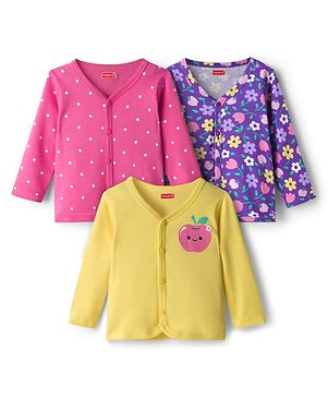 Babyhug 100% Cotton Interlock Knit Full Sleeves Jhablas With Polka Dot & Floral Print Pack Of 3 - Pink Purple & Yellow