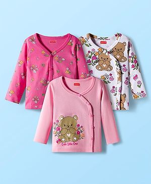 Babyhug 100% Cotton Interlock Knit Full Sleeves Jhablas With Floral & Animal Print Pack Of 3 - Pink & White