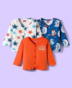 Babyhug 100% Cotton Interlock Knit Full Sleeves Jhablas With Star & Animal Print Pack Of 3 - White Orange & Navy Blue