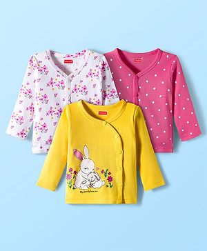 Babyhug 100% Cotton Full Sleeves Jhablas With Floral & Polka Dot Print Pack Of 3 - Pink Yellow & White