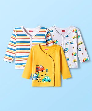 Babyhug 100% Cotton Interlock Knit Full Sleeves Jhablas With Stripes & Vehicle Print Pack Of 3 - Yellow & White