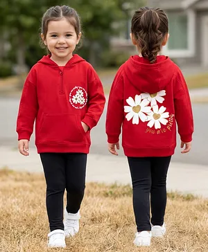Babyhug Terry Knit Premium Light
                              Gauge Terry Full Sleeves Hooded Top &
                              Leggings Set with Kangaroo Pocket &
                              Floral Print - Red & Black