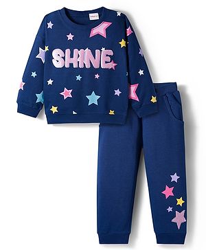 Babyhug Terry Knit Premium Light Gauge Terry Full Sleeves T-Shirt & Lounge Pant Set with Star Print & Reversible Sequin Detailing - Navy Blue