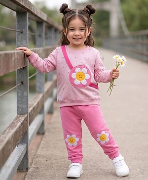 Babyhug Terry Knit Premium Light Gauge Terry Full Sleeves Top & Pant Set With Floral Print - Pink