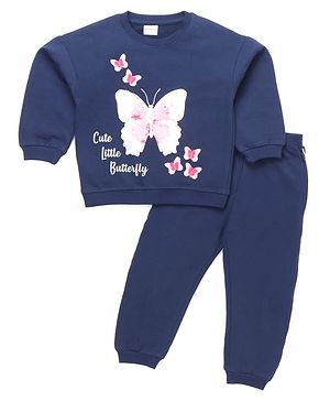 Babyhug Terry Knit Premium Light Gauge Terry Full Sleeves Top & Lounge Pant Set With Butterfly Print - Navy Blue