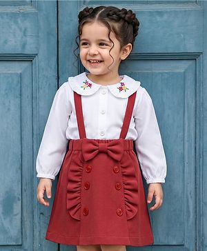 Babyhug Single Jersey Knit Full Sleeves Top & Skirt Set With Floral Embriodery - White & Brown