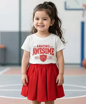 Babyhug Single Jersey Knit Half
                              Sleeves Top & Skirt Set With Text
                              Print - White & Red