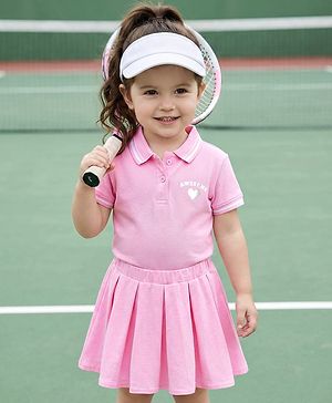 Babyhug Single Jersey Knit Half Sleeves Polo Top & Skirt Set With Heart Print - Pink