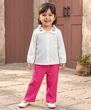 Babyhug Single Jersey Knit Full Sleeves Top & Pant Set with Floral Embroidery - White & Pink