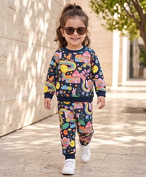 Babyhug Terry Knit Premium Light Gauge Terry Full Sleeves Top & Lounge Pant Co-Ord Set Animal & Floral Print with Back Snap Buttons - Navy Blue