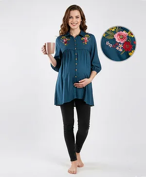 Bella Mama Woven Three Fourth Sleeves
                              Maternity Top with Floral Embroidery -
                              Navy Blue