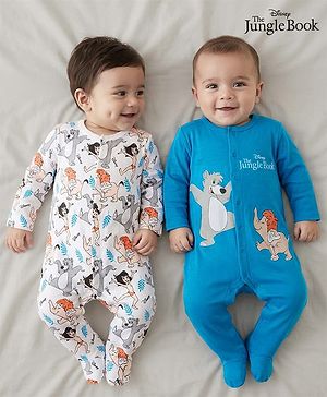 Babyhug Disney Interlock Knit Full Sleeves Footed Sleepsuit With Jungle Book Graphics Pack of 2 - Blue & White