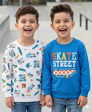 Babyhug Cotton Knit Full Sleeves Sweatshirts With Skateboarding Print Pack of 2 - Blue & White