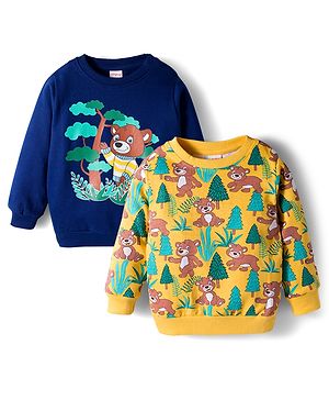 Babyhug Cotton Knit Full Sleeves Sweatshirts With Teddy Bear Graphics Pack of 2 - Yellow & Navy Blue