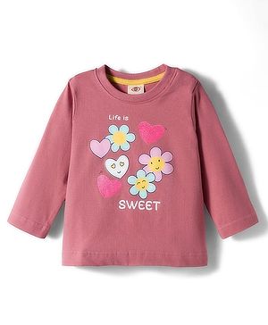 Zero Sinker Knit Full Sleeves T-Shirt With Flower & Text Print - Rose Gold