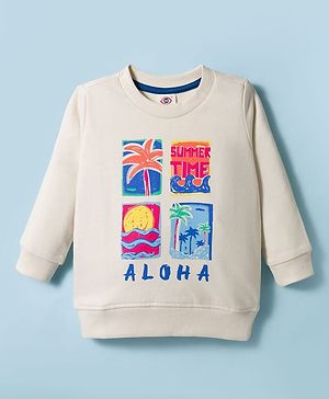 Zero Looper Knit Full Sleeves Winter T-Shirt With Aloha & Summer Time Text Print - Offwhite