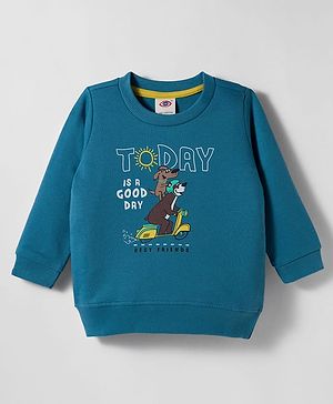 Zero Looper Knit Full Sleeves Winter T-Shirt With Today is a Good Day Text Print - Teal Blue