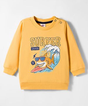 Zero Looper Knit Full Sleeves Winter T-Shirt With Shark Surfer Text Print - Yellow