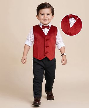 Babyhug Full Sleeves Party Suit With Velvet Waistcoat & Polka Dot Printed Shirt With Knit Pant & Bow - Maroon & White