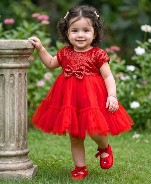 Babyhug Mesh Woven Cap Sleeves Party Dress With Sequinned Yoke & Booties - Red