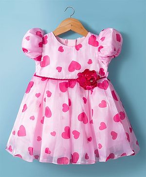 Babyhug 5 Layers Printed Premium Glass Nylon Fabric With Cotton Lining Half Sleeves Party Dress With Heart Print & Corsage - Light Pink