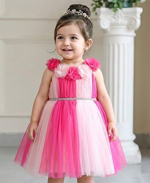 Babyhug 5 layer with Cotton Lining  Mesh Sleeveless Flared Partywear Dress With Floral Corsage and waist belt - Dark Pink