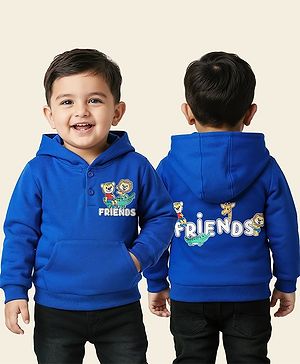 Babyhug Cotton Knit Full Sleeves Hooded Sweatshirt With Animal Graphics & Kangaroo Pockets - Blue