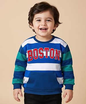 Babyhug Cotton Knit Full Sleeves Striped Sweatshirt with Text Embroidery & Kangaroo Pocket - Multicolor