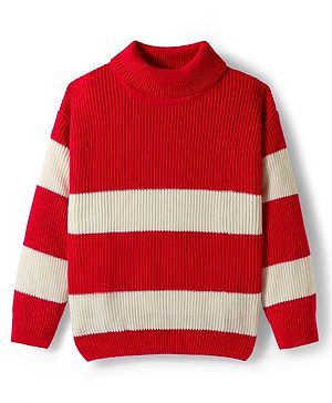 Pine Kids Knit Full Sleeves Pullover Turtle Neck Sweater with Stripe Design - Red & White