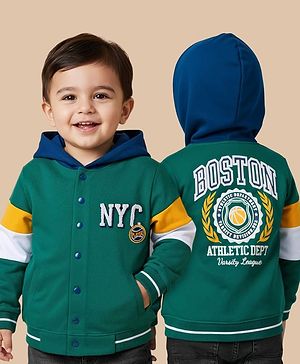 Babyhug Cotton Knit Full Sleeves Hooded SweatJacket with Kangaroo Pocket Front & Back Text Graphic - Green
