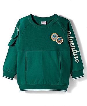 Babyhug Cotton Knit Full Raglan Sleeves Sweatshirt with Text Graphic & Patch Detailing - Green
