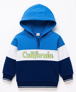 Babyhug Cotton Knit Full Sleeves Front Open Hooded Sweatshirt with California Text Print - Navy Blue & Blue