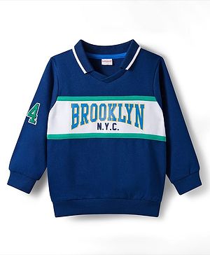 Babyhug Cotton Knit Full Sleeves Cut & Sew Sweatshirt with Text Graphic - Navy Blue