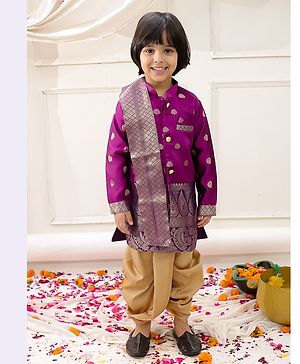 KID1 Brocade Woven Onam Theme Full Sleeves Floral & Paisleys Foil Printed Dhoti Sherwani With Stole Set - Purple
