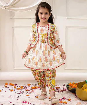 KID1 Cotton Woven Full Sleeves
                              Madhubani Art Printed & Gota Lace
                              Embellished Kurti Dhoti With Jacket Set -
                              Yellow