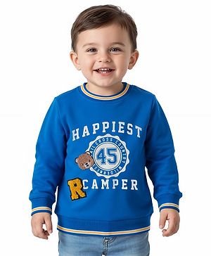 Babyhug Cotton Knit Full Sleeves Sweatshirt With Text Print & Teddy Bear Patch - Blue