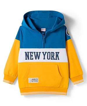 Babyhug Cotton Knit Full Sleeves Cut & Sew Hooded Sweatshirt with Text Graphic & Kangaroo Pocket - Yellow & Blue