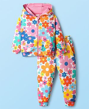 Babyhug Terry Knit Premium Light Gauge Terry Full Sleeves Co-ords Hooded Sweatshirt & Lounge Pant Set with Floral Print - Multicolor